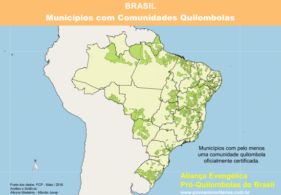 Map showing Brazilian municipalities with a Quilombola community.